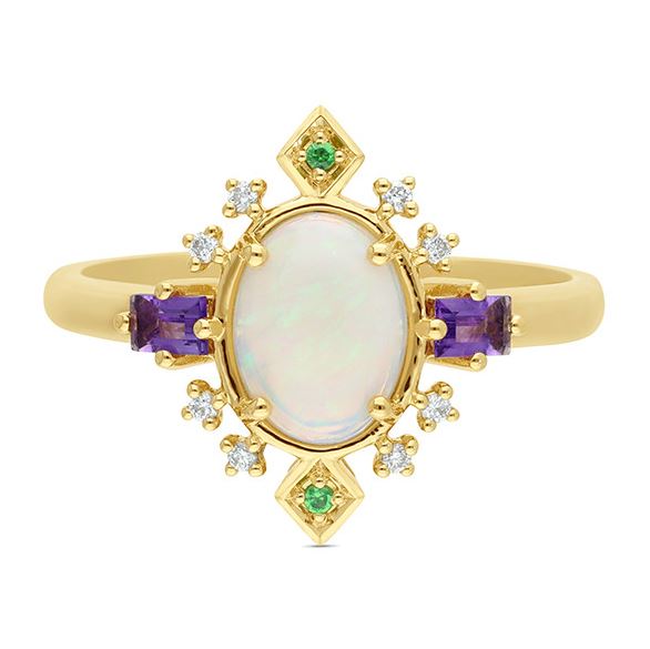 9ct Yellow Gold Crystal Opal. Amethyst, Tsavorite Green & Diamond Ring