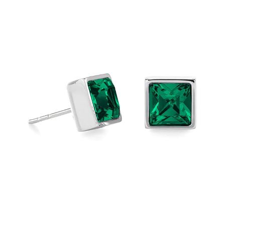 BRILLIANT SQUARE STUD EARRINGS WITH CRYSTALS 0500/21_0548 - EMERALD GREEN