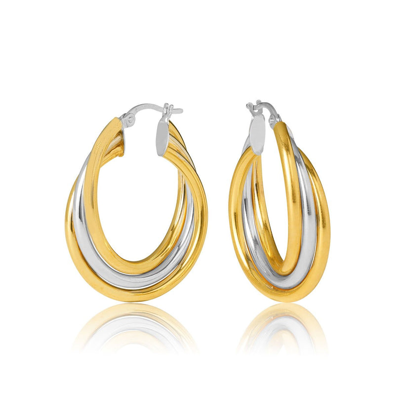 9ct Yellow & White Gold Triple Cross Over 20mm Hoop Earrings