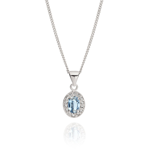 Silver light blue CZ oval halo pendant