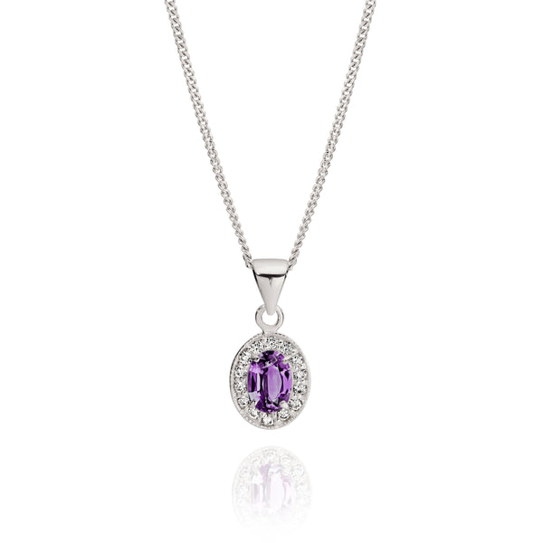 Silver purple CZ oval halo pendant