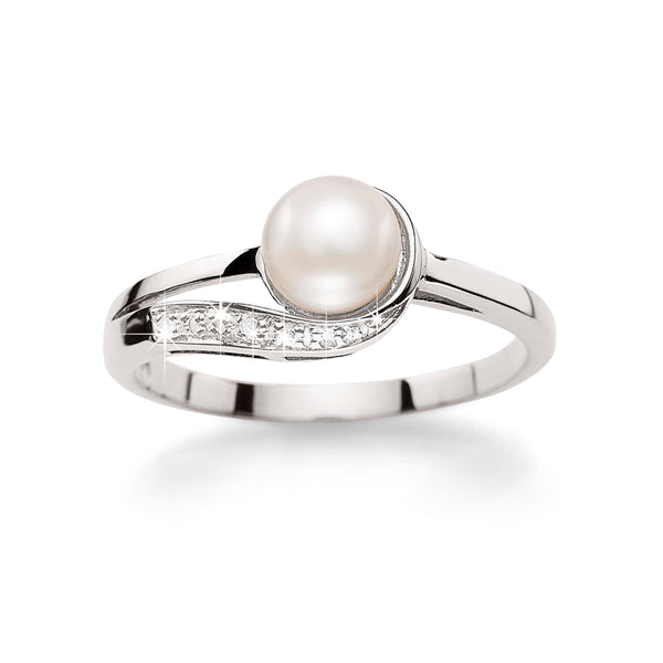 Silver pearl & diamond ring