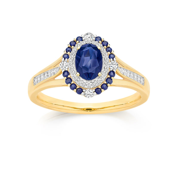 9ct oval blue sapphire vintage inspired ring with 0.20ct of dia