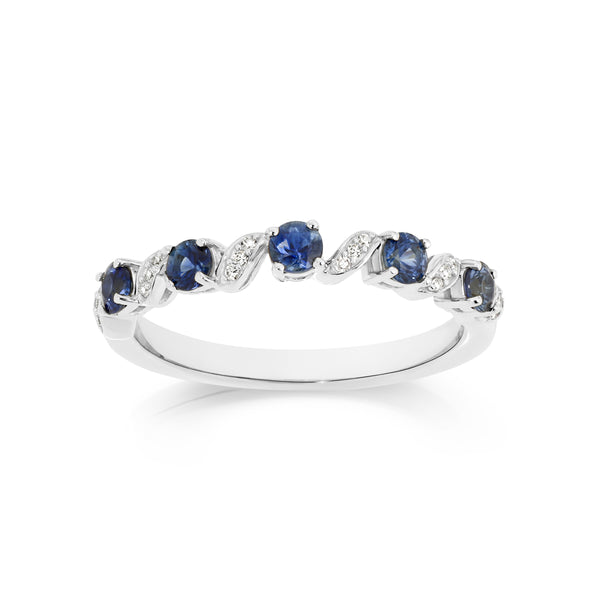 9ct white gold blue sapphire anniversary ring withcurved diamond settings