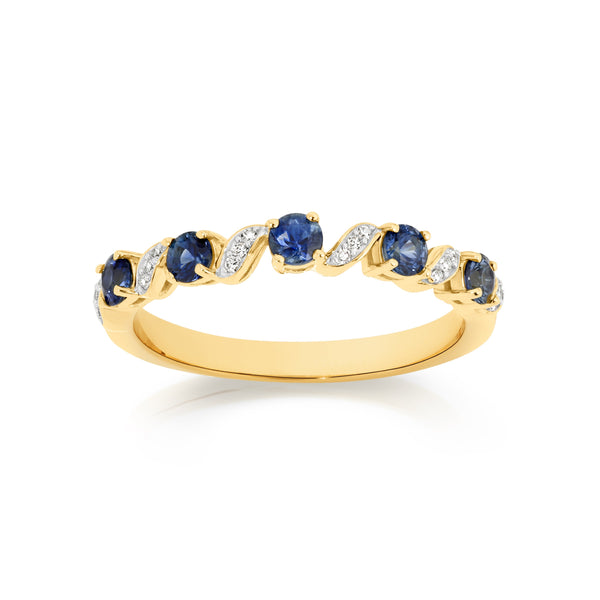 9ct blue sapphire anniversary ring withcurved diamond settings